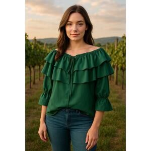 Byinns Viridian Green Ruffled 3/4 Sleeve Blouse peasant poet cottagecore medium
